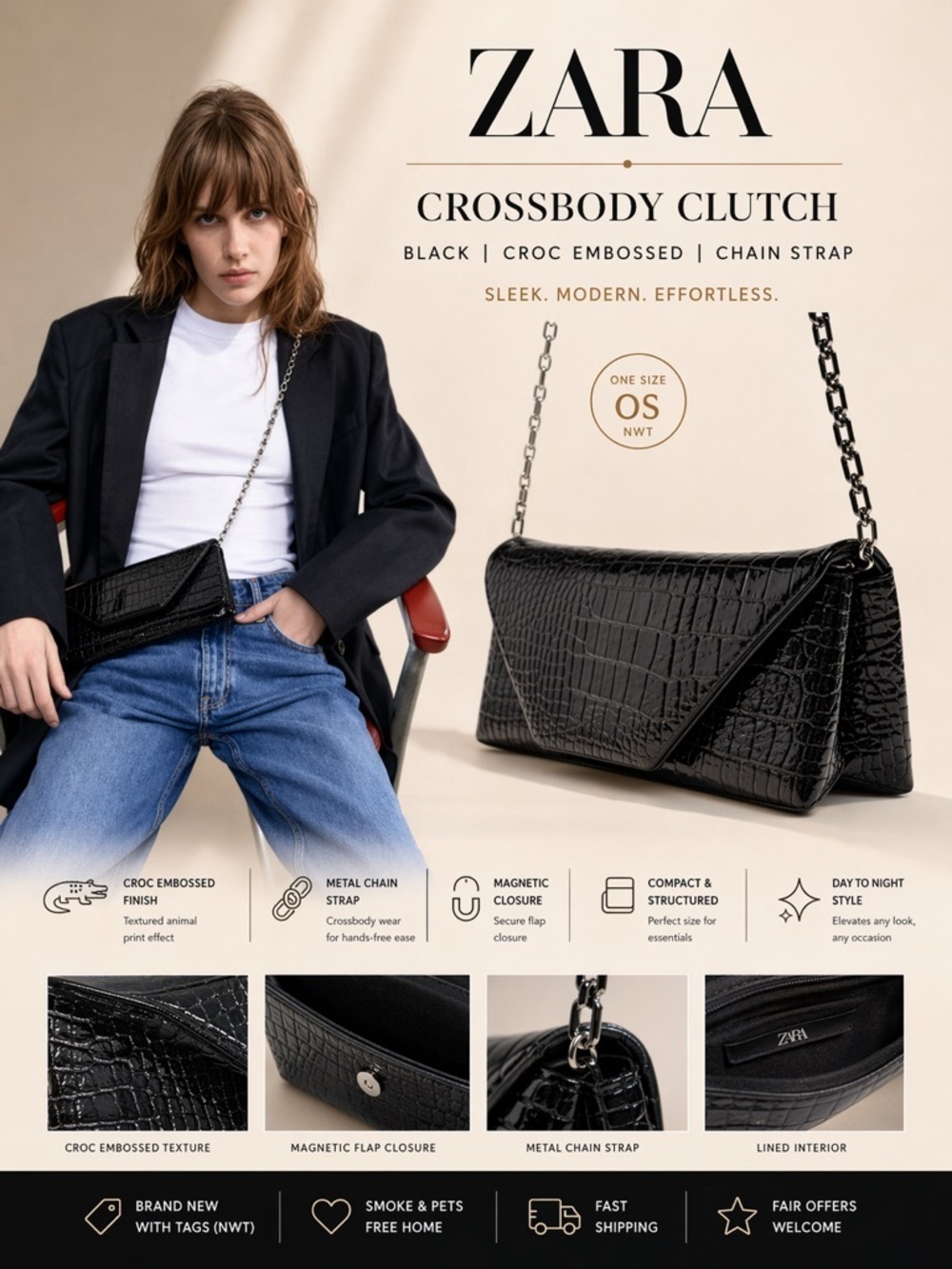 ZARA Black Croc Embossed Crossbody Clutch NWT OS Chain Strap Evening Bag